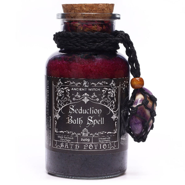 Bath potion labeled 'Seduction Bath Spell' by Ancient Witch on a white background