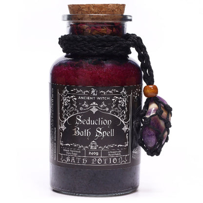 Bath potion labeled 'Seduction Bath Spell' by Ancient Witch on a white background