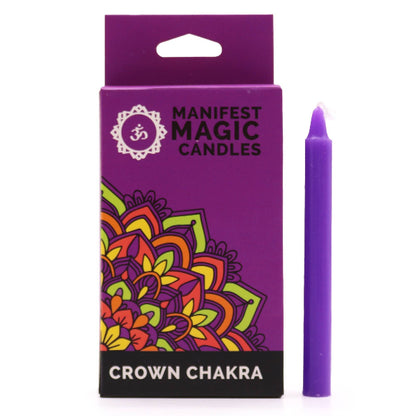 Purple candle with 'Manifest Magic Candles' packaging featuring a colorful design and 'Crown Chakra' text.