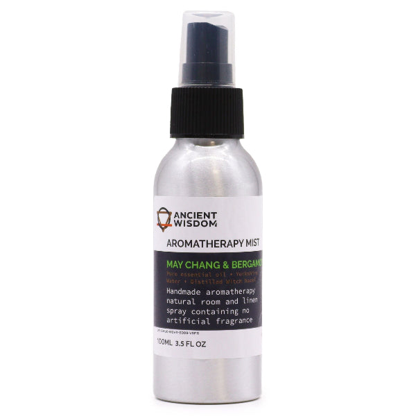 Aromatherapy mist spray bottle with label on a white background