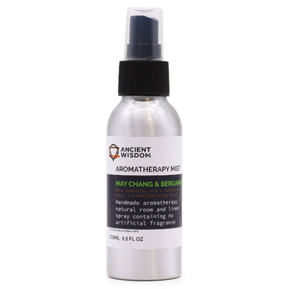 Aromatherapy mist spray bottle with label on a white background