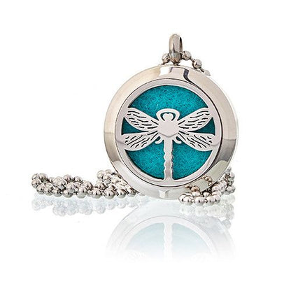 Silver pendant with dragonfly design on a blue background, featuring a chain.