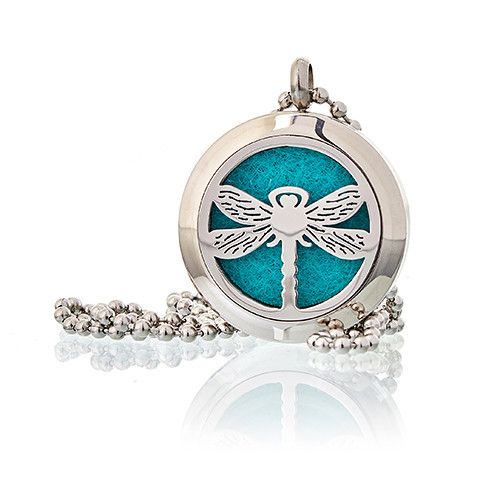 Silver pendant with dragonfly design on a blue background, featuring a chain.