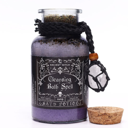 Bath potion labeled 'Cleansing Bath Spell' with a cork lid on a white background