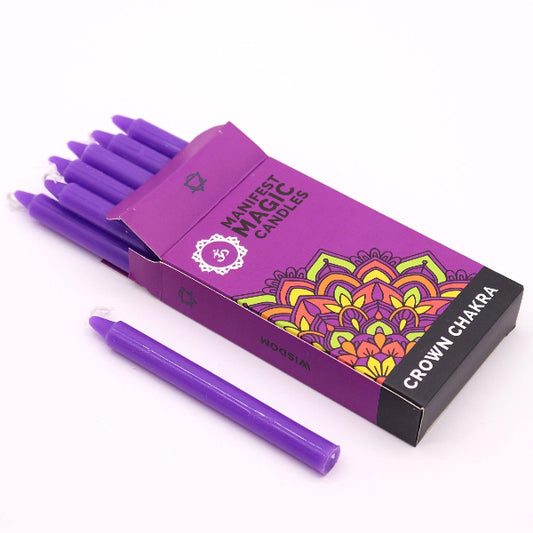 Purple candles with a packaging box featuring mandala designs on a white background
