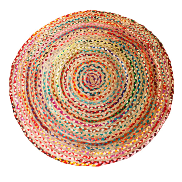 Round multicolored braided rug on a wooden floor