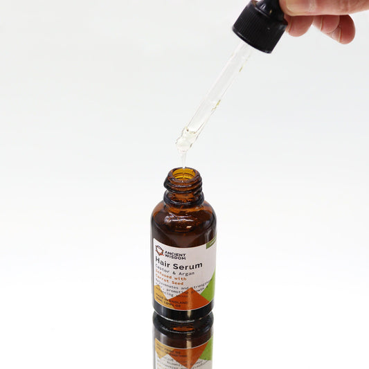 Hair serum bottle with dropper on a white background