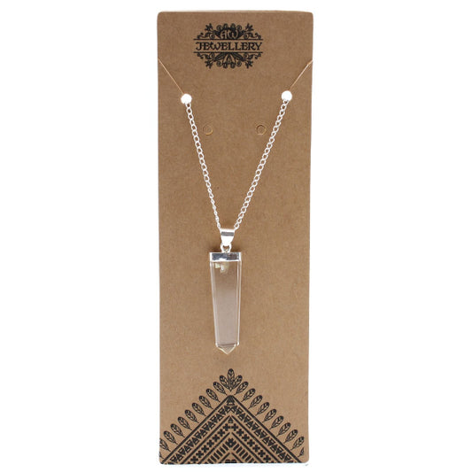 Necklace with a clear pendant on a brown card with 'Jewellery' branding.