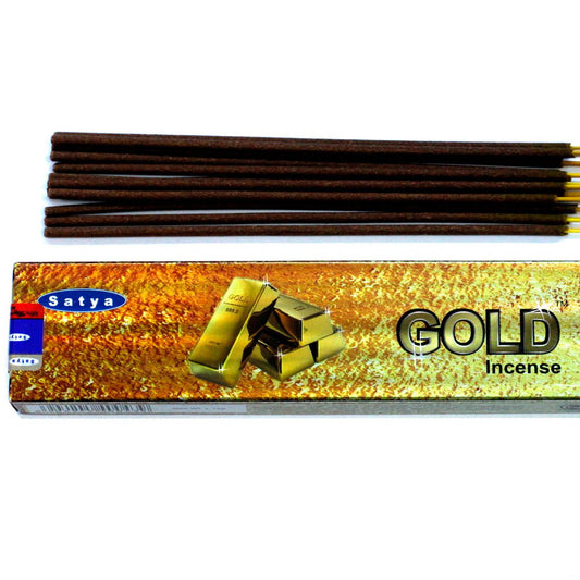 Satya Gold incense sticks with packaging on a white background