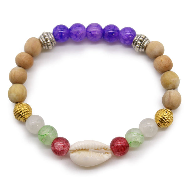 Multicolored beaded bracelet with wooden, purple, and gold beads on a white background