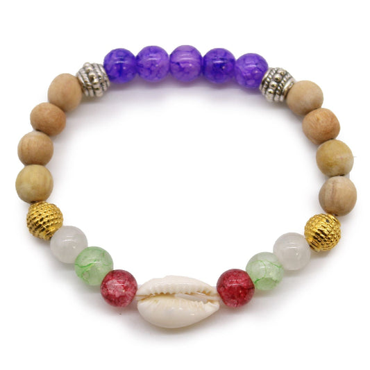 Multicolored beaded bracelet with wooden, purple, and gold beads on a white background