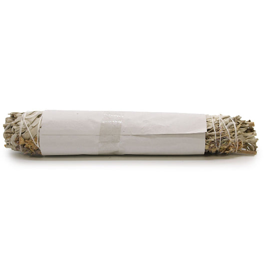 Rolled sage smudge stick with white paper wrap on a white background