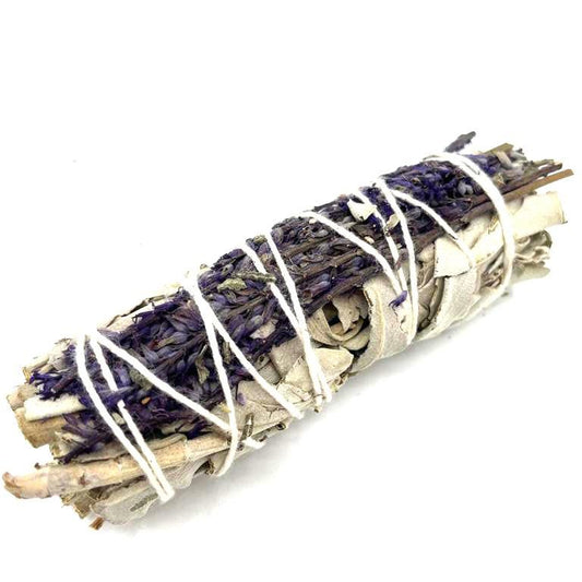 Bundled sage stick with white string on a white background