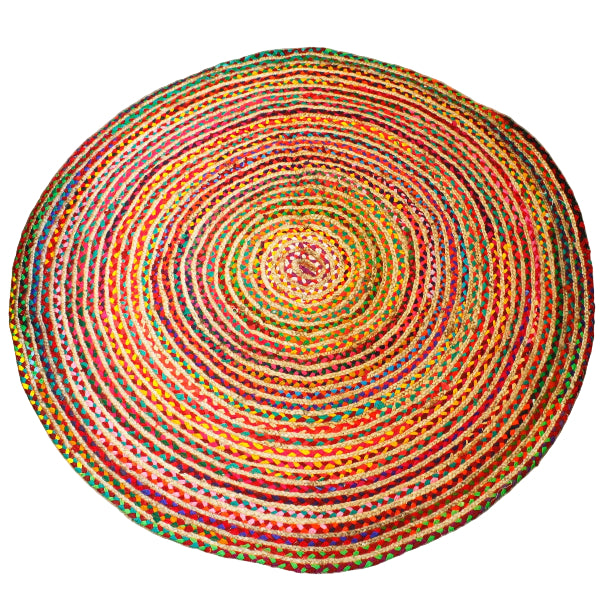 Round multicolored braided rug on a wooden floor