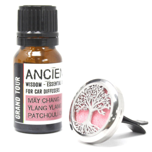 A bottle of essential oil and a car diffuser with a tree design on a white background