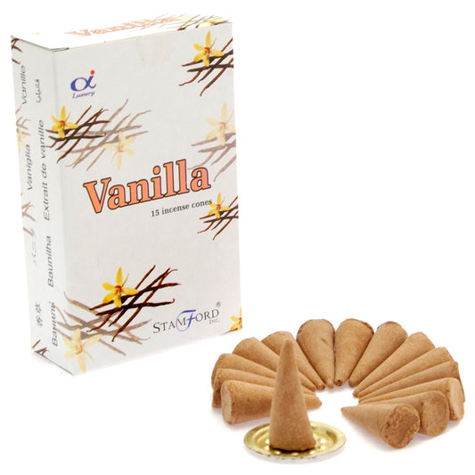 Vanilla-scented incense cones with packaging on a white background
