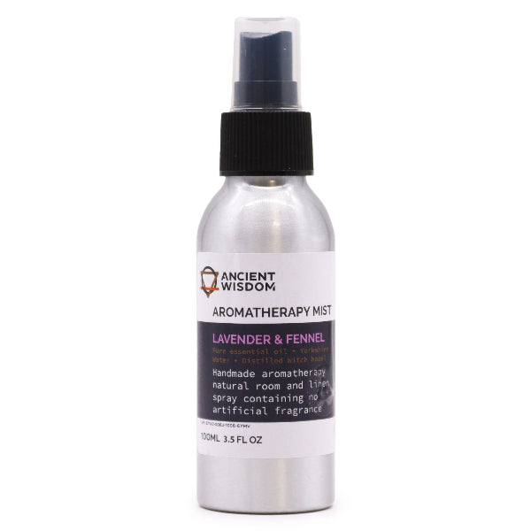 Aromatherapy mist spray bottle labeled 'Ancient Wisdom' on a white background