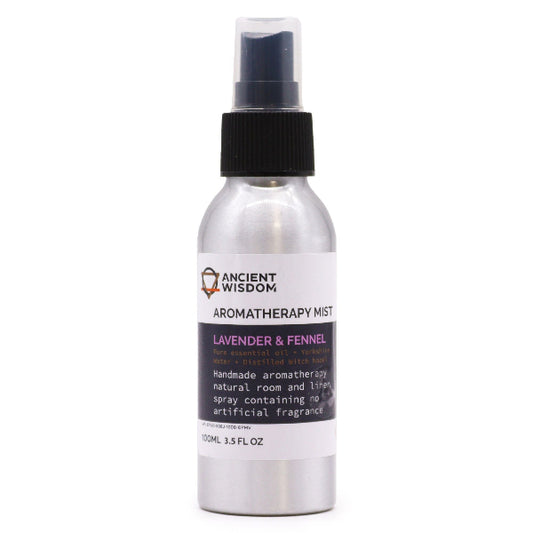 Aromatherapy mist spray bottle labeled 'Ancient Wisdom' on a white background