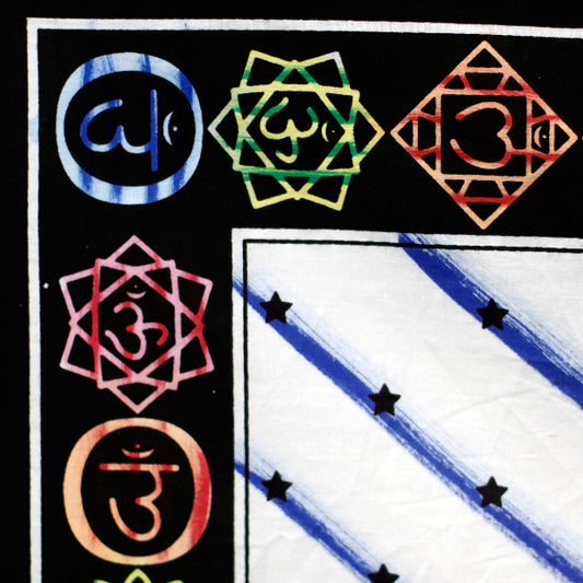 Collection of colorful OM symbols on a black and white background