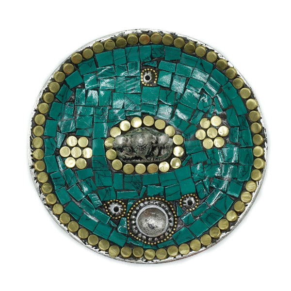 Round mosaic art piece with green and gold colors on a white background