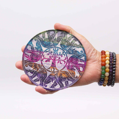 Hand holding a colorful circular object with tree design on a white background