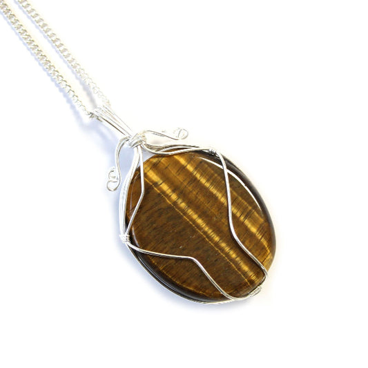 Necklace with a tiger's eye stone pendant on a white background