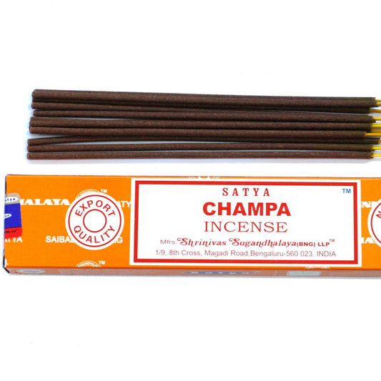 Satya Champa incense sticks with packaging on a white background