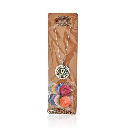 Necklace with a colorful pendant on a branded card