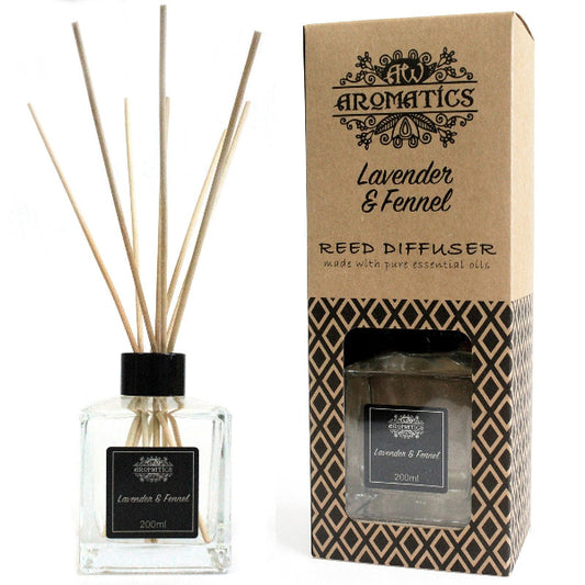 Reed diffuser with packaging labeled 'Aromatics Lavender & Fennel' on a white background
