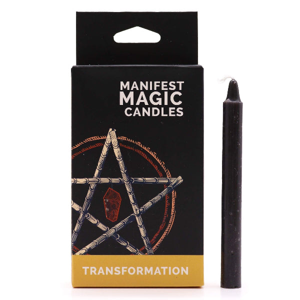 Manifest Magic Candles packaging with a black candle on a white background