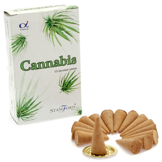 Box of Stamford Cannabis incense cones with cones displayed in front on a white background