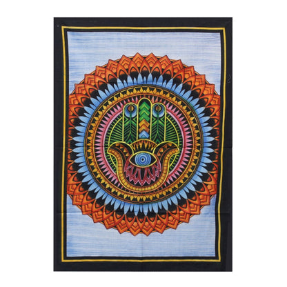 Colorful tapestry with a central design on a white background