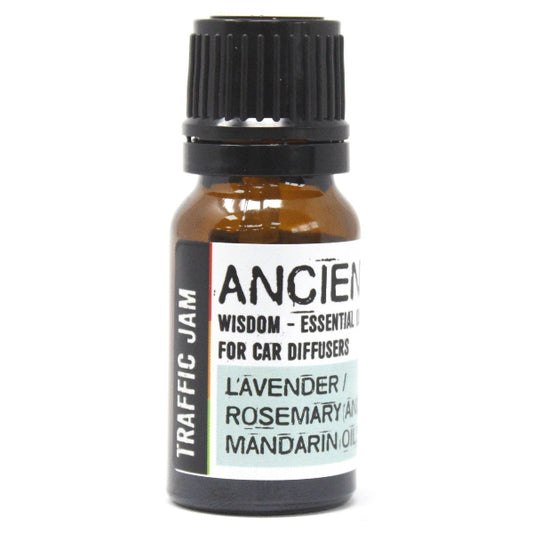 Essential oil bottle labeled 'Traffic Jam' with black cap on white background