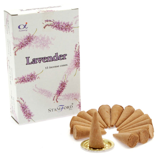 Lavender incense cones with packaging on a white background
