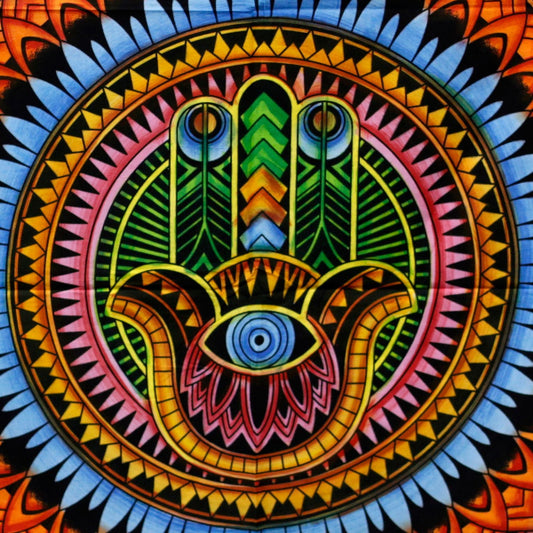 Colorful Hamsa hand design with intricate patterns on a circular background