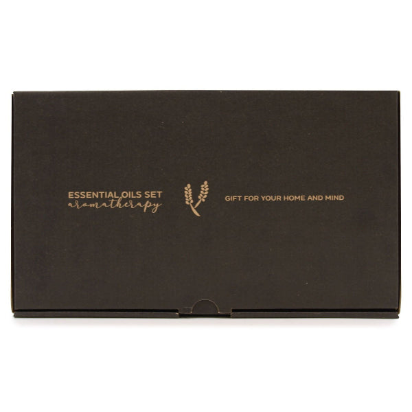 Black box with gold text and logo for essential oils set on a white background