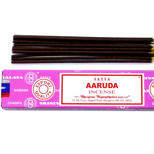 Satya Aaruda incense sticks with packaging on a white background