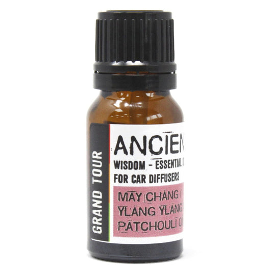 Bottle of essential oil blend with a black cap on a white background