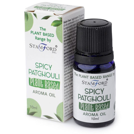 Spicy Patchouli aroma oil bottle and packaging by Stamford Inc. on a white background