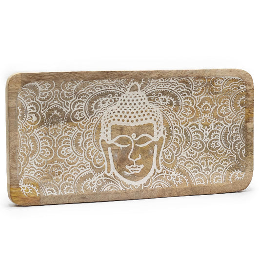 Wooden tray with Buddha design on a white background