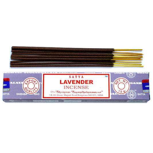Box of Satya Lavender incense sticks on a white background