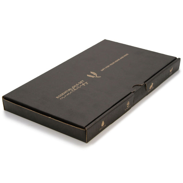 Black rectangular box with gold text and logo on a white background