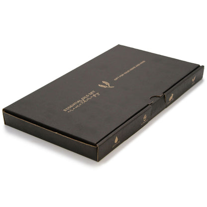 Black rectangular box with gold text and logo on a white background