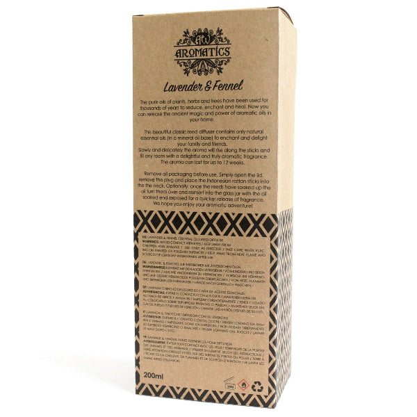 Cardboard packaging for lavender and fennel diffuser with text and branding.