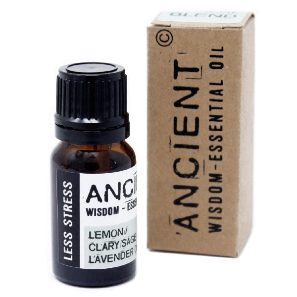 Bottle of essential oil with a cardboard box labeled 'Ancient Wisdom Essential Oil' on a white background