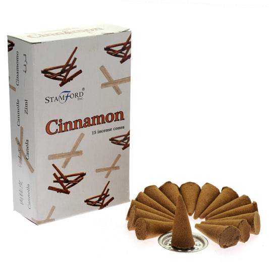 Stamford cinnamon incense cones packaging with incense cones displayed in front on a white background