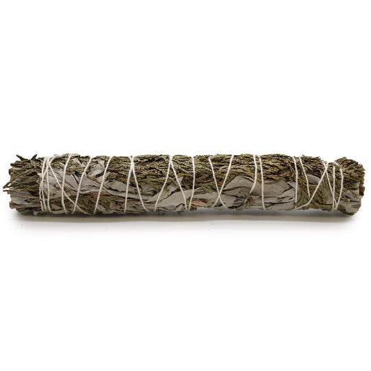 Bundled sage stick with twine on a white background
