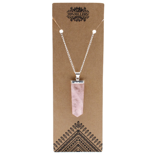 Necklace with a pink crystal pendant on a brown card with 'JF Jewellery' branding.