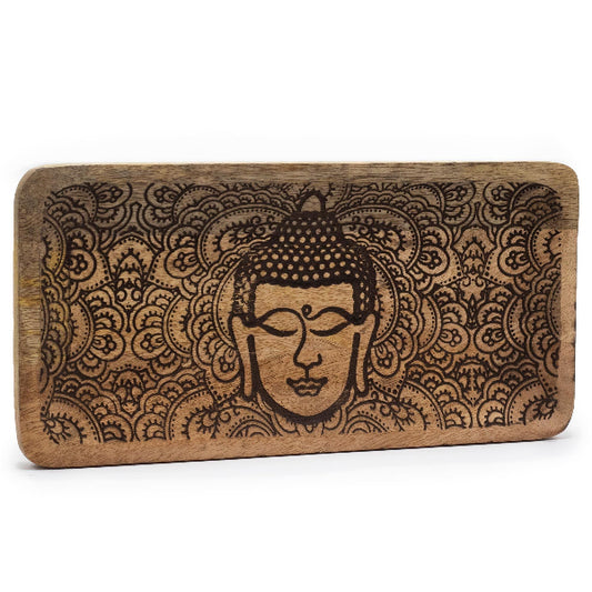 Wooden wallet with engraved Buddha face and paisley patterns on a white background
