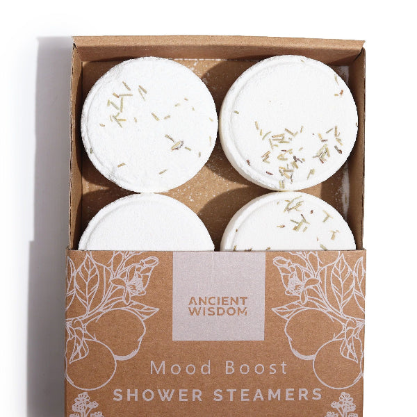 Box of Ancient Wisdom Mood Boost Shower Steamers with four round white products inside.